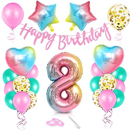 Luftballon 8. Geburtstag Rosa - Deko Set Mit Riesen Folienballon Zahl 8, Happy Birthday Ballon für Mädchen - Jahr Feier Dekoration