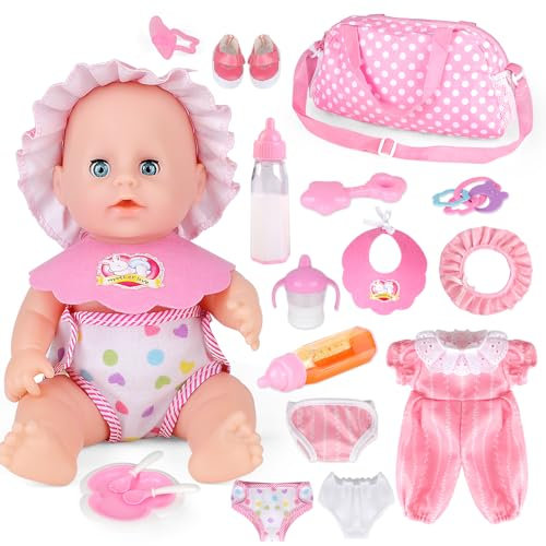 deAO Baby Puppen Zubehörset, Puppenkleidung Babypuppe Fütterungsset mit Magische Flasche Schnuller, Overall+Haarband+Höschen+Schuhe, Bekleidungs-Set für New Born Puppen 30cm (Puppe Nicht Enthalten)