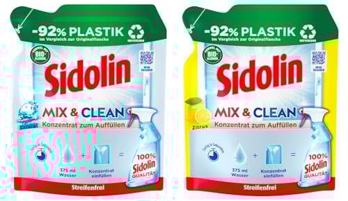 SIDOLIN Mix & Clean Konzentrat-Set 1x Cristal & 1x Zitrus, All in 1 Glasreiniger für Sauberkeit, Glanz & Schutz, Fensterreiniger mit Bio-Alkohol, 2x 125ml