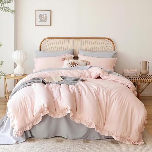 Sedefen Rosa Bettwäsche 135x200 mit Rüschen Einfarbig Romantisch Bettwäsche aus Mikrofaser,ÖkoTex Bettwäsche Mädchen mit Reißverschluss und 1 Kissenbezug 80x80 cm
