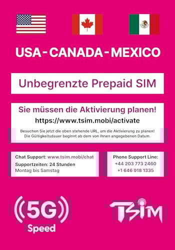 TSIM Prepaid USA SIM-Karte für 30 Tage Reise | Unbegrenzte 4G/5G Highspeed-Daten in den USA + 5GB Daten in Kanada und Mexiko | Unbegrenzte lokale Anrufe + kostenlose eingehende Anrufe & SMS
