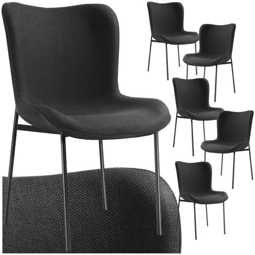 tectake® 6er Stuhl Set, Polsterstuhl für Küche, Esstisch, Sessel Schminktisch, Cocktailsessel, Elegante Esszimmerstühle oder Wohnzimmerstühle für edles Dining - Webstoff schwarz/schwarz