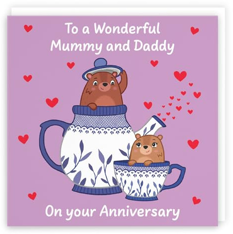 Hunts England - Cute Teapot Mummy And Daddy Anniversary Card - Fun Bears Anniversary Card For Parents - Love Story Collection