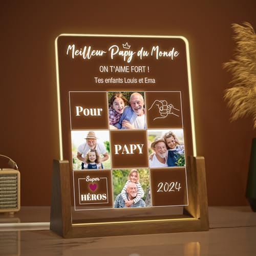 LUCKOR Cadeau Papy Noel Personnalisé Cadre Papi - Cadeau Grand Pere Noël - Lampe Personnalisée avec Photo - Idee Cadeau Papy de Anniversaire et Fete des Grand Pere Original