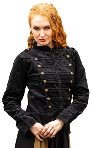 Leonardo Carbone® Damen Jacke Uniformjacke Emilia | Hoher Kragen | Ziselierte Knöpfe | Karneval, Halloween, Cosplay, LARP, Mittelalter, Kostüm, Mantel, Blazer | 100% Baumwolle Schwarz S