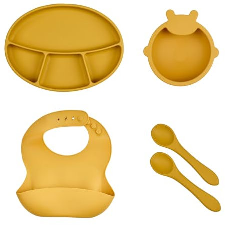 THERMOBABY - Pack Repas Bébé En Silicone – Assiette Avec Ventouse, Bol Avec Ventouse, Bavoir, Cuillères – Set Complet Et Pratique Pour Les Premiers Repas De Bébé - Jaune Miel