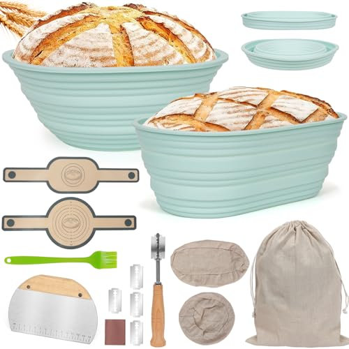 ZgoEC Sourdough Starter Kit Silicone Bread Basket - Foldable Banneton Proofing Basket Oval 10 Inch & Round 9 Inch - Proofing Accessories with Baking Mats & Storage Bag - Baker's Gift (Green)