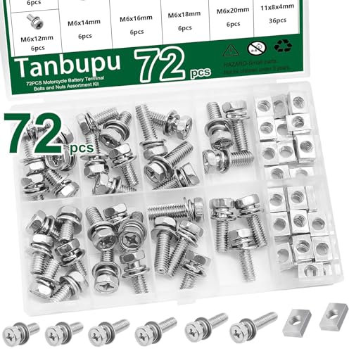 Tanbupu 72PCS Motorcycle Battery Terminal Bolts and Nuts Assortment Kit M6*10/12/14/16/18/20mm 304 Stainless Steel Battery Terminal Bolt Screws with Square Nuts for ATV Bike, Motorcycle, Scooter