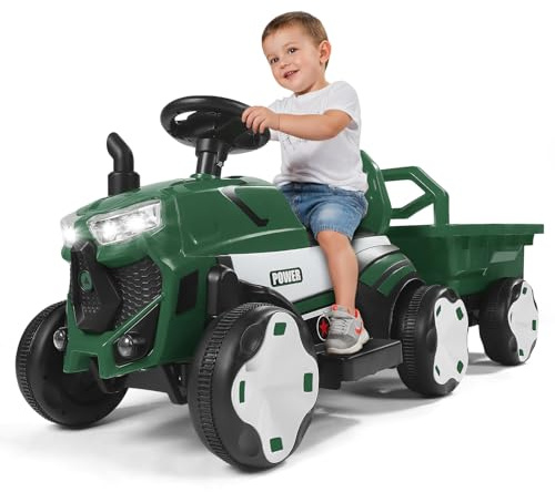 6V 3-Gang Traktor mit abnehmbarem Anhänger und 2,4G Fernbedienung, Kinder Aufsitztraktor mit LED Lichtern, Musik, Hupe & USB Funktionen, geeignet für Kinder (Grün)