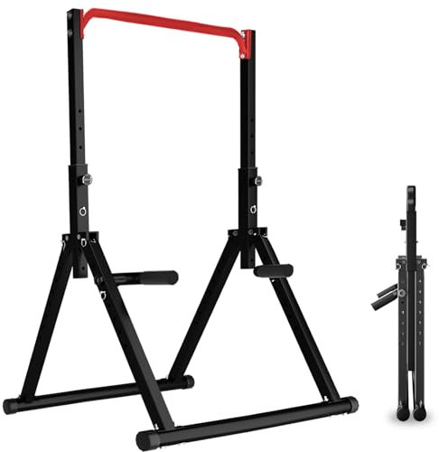 DOBESTS Faltbar Power Tower Dip Station Klimmzugstange Freistehend Höhenverstellbar MultifunKtional Klimmzugturm Fitness Krafttraining für Zuhause,Dreiecksstruktur, Stützgewicht 300KG(011,red)