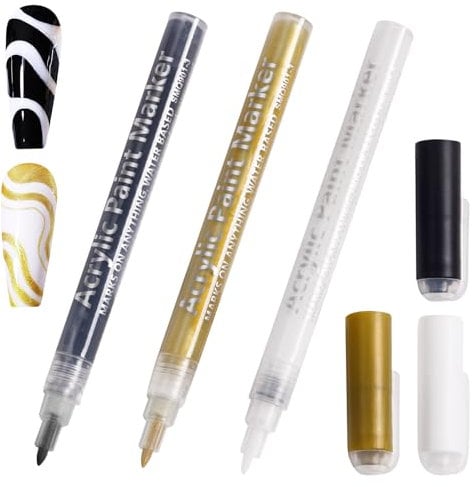 Nail Art Pens, Acrylic Paint Nail Art Markers, Quick Dry Fine Tips 3D Nail Art Graffiti Drawing Pens Set for DIY Nail Art Dot and Line Art, White,Gold and Black Color