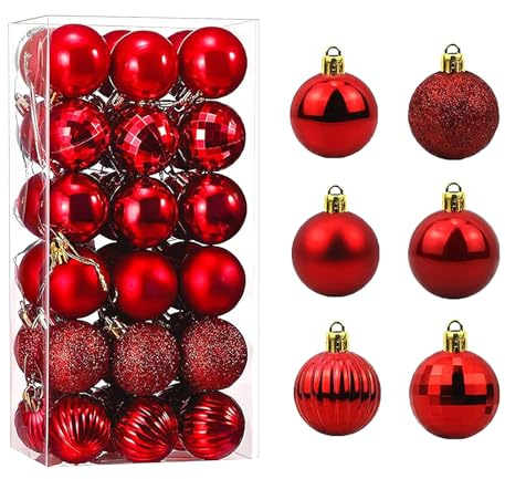 Weihnachtskugeln Rot, Weihnachtsbaum Deko, 36 Stück Weihnachtsbaumkugeln, Christbaumkugeln Plastik, Matt, Glänzend, Glitzernd, 4cm