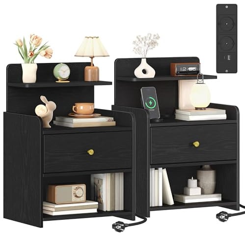 HEXCELEN Nachttisch 2er Set, Beistelltisch mit 1 Schublade und 2 offenen Fächern, Nachtschrank, Sofatisch, Platzsparend, für Schlafzimmer, Wohnzimmer, Modern, Schwarz