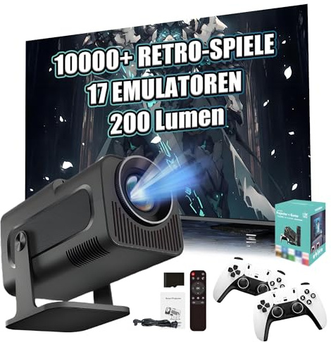 HCS350 Mini Tragbarer Intelligenter Projektor mit WLAN & Bluetooth, Konsole mit 10000+ Spiel 17 Emulator, 200 Lumen, 1280*720P, Android 11 Filmprojektor für den Außenbereich, Heimkino (Grüne Kasten)