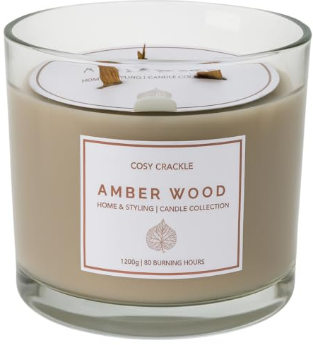 Large Crackling Candle 1.2kg - 80 Hour Burn Time, Long Lasting Luxury Scented Jar Candle with Wooden Crackle Wick for Relaxing Ambience & Home Decor (Amber Wood)
