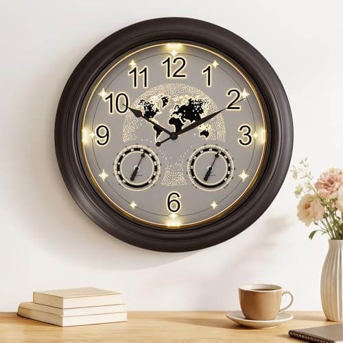 Beleuchtete Outdoor Wanduhr, 45 cm (18 Zoll) Große Wasserdichte Garten Wanduhr mit Smartem Nachtlichtsensor, Sternen Weltkarten Design mit Thermometer & Hygrometer für Terrasse, Pool, Garten