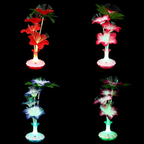 MOBUTOFU 4 Stück Glasfaserlampe mit Künstlichen Blumen Farbige LED Tischlampe ohne Batterie Realistische Blumenform Warmes Licht für Wohn Gastronomiedekor Zufällige Farbe Zufällige Farbe