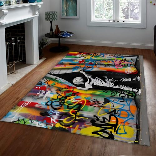 WEECHAINGE Hippie Graffiti 180x270cm Bereich Teppich Hip Hop Dekor Teppiche für Wohnzimmer Schlafzimmer Initiale Buchstabe Spray Malerei Straße bunt für Eingang Esszimmer