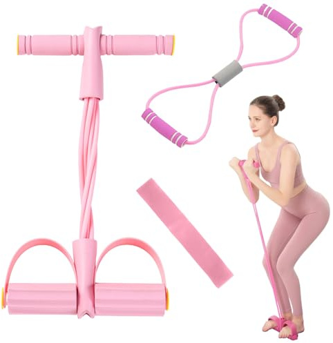 JDCMEI Bauchtrainer, Multifunktionales Spannseil mit Rückentrainer & Fitnessbänder, Sit-Up Trainingsgeräte, 6 Tubes Elastische Zugseil, Sportgeräte Zuhause für Trainieren von Taille Beinen Bauch, Rosa