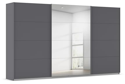 Rauch Möbel KULMBACH, Schwebetürenschrank, Grau metallic, Breite 360 cm | Kleiderschrank mit Schwebetüren, Schiebetüren, 3-türig, mit Spiegel, Zubehör Basic, Schlafzimmer, Jugendzimmer, Garderobe