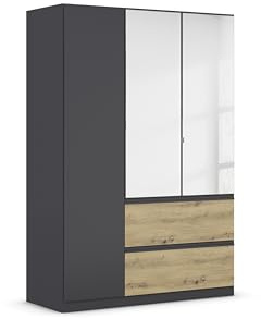 Rauch Möbel Costa, Kleiderschrank, Farbe Grau metallic, Breite 136 cm | Schrank, 3-türig, Spiegel, 2 Schubladen, Push-to-open, Zubehör Classic, für Schlafzimmer, Kinderzimmer, Babyzimmer, Garderobe