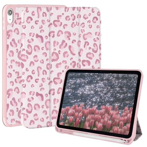 Rvciby iPad Hülle für iPad (A16) 11/10th Generation,Leoparden Hülle mit Bleistifthalter, Dreifacher Ständer Schutzabdeckung/Automatisches Wecken für iPad 11 Zoll 2025/10.9 Zoll 2022,Pink