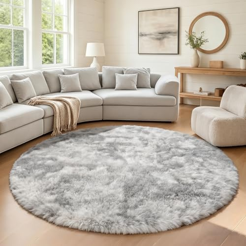 Homcomodar Hochflor Teppich Rund 180 cm Grau Wohnzimmer Schlafzimme Teppich Flauschig rutschfest Teppiche kinderzimmer Flauschig Teppiche