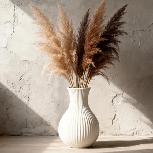 Keramik-Vase Weiß für Trockenblumen & Pampasgras, Boho Kleine Tulpen Vase | Moderne Style Vasen für Home Wohnzimmer Esstisch Bauernhaus Büro Dekoration, 14 cm Hoch