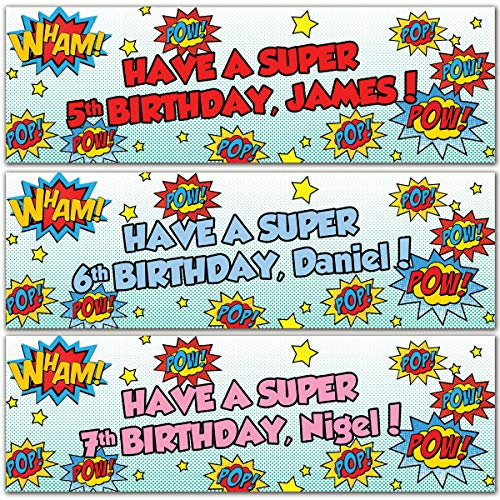 2 carteles de cumpleaños personalizados para niños superhéroes de dibujos animados Small rosa