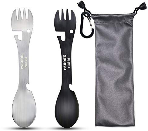 PSKOOK Spork Outdoor Löffel Gabel Messer Flasche Dosenöffner Camping Edelstahl Besteck Reisen Funktionelle Essen Multi-Tool Utensil (Silber + Schwarz)