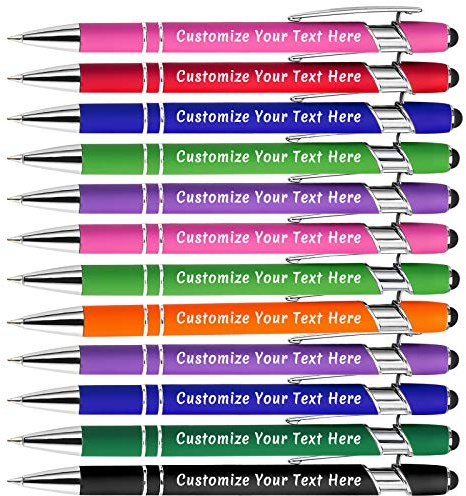 Aolun Personalised Pen,Custom Engraved Ballpoint Pen with Stylus,12 Pcs,Soft Touch Metal,Enter Name,Logo or Message, Great for Birthdays, Anniversaries, Graduations(Medium Point,Black Ink)