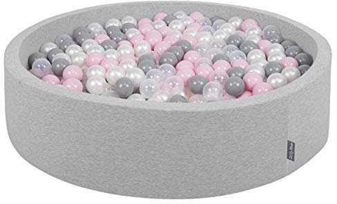 KiddyMoon Bällebad 120X30cm/200 Bälle Rund Groß Bällepool Mit Bunten Bällen Für Babys Kinder, Hellgrau:Perle-Grau-Transparent-Puderrosa