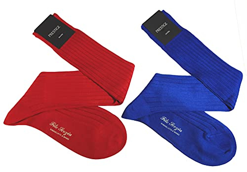 (2 PAIA) Calze uomo lunghe a coste in pregiatissimo cotone 100% filo scozia MODA (ROSSO-ROYAL, 42-44, numeric_42)