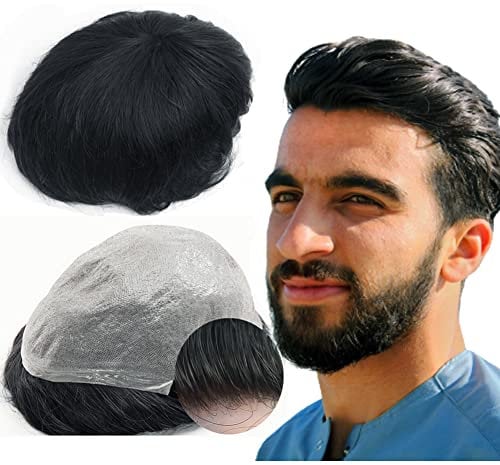 Toupee for Men Yanahair Straight Hair Pieces Mens Toupee Replacement System 100% European Real Human Hairpieces Hair System 0.04mm Soft Thin Skin PU V-loop (#1B Off Black, 8x10)