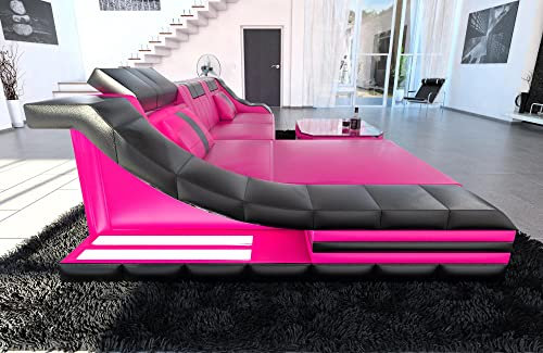 Sofa Dreams Ledersofa Turino L Form Ecksofa - mit LED Beleuchtung, verstellbare Kopfstützen, Recamiere/Lederfarben wählbar/Ausrichtung wählbar (Ottomane Links, Pink-Schwarz)