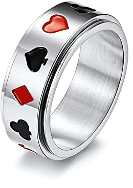 Yifnny Pokerring, Edelstahl Pik Ass Ring Poker Casino Spiele Glücksspielkarte Pik Ring Silber Schwarz für Männer Frauen Größen 7-11 (Silber, 8)