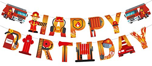 GoldRock Feuerwehrmann Happy Birthday Girlande, Feuerwehr Geburtstag Deko Banner, Geburtstag Girlande Set, Party Dekoration Geburtstag im Feuerwehr-Stil, Happy Birthday Aufschrift für Kinder Party