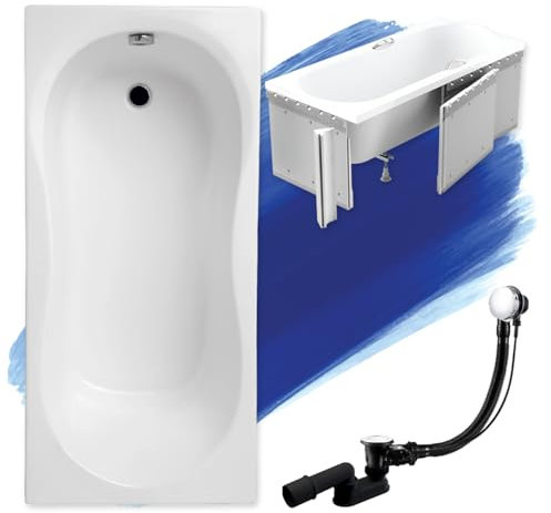BADLAND Badewanne Original Weiß Acryl Wanne Rechteck GRACJA 180x80 KOMPLETTSET SET mit Premium Styroporverkleidung + Füßen und Exklusive Chrom Automatik Ablaufgarnitur Made in EU 4in1