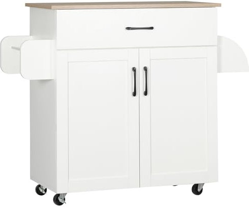 HOMCOM Dessert îlot de Cuisine Multi-rangements 1 tiroirs 1 Placard 2 Portes avec étagère réglable Porte-torchons et Porte-épices - MDF Blanc