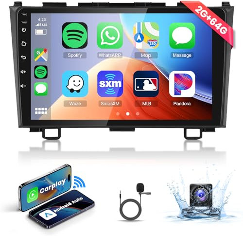 2G&64G Podofo Radio Coche 2 DIN para Honda CRV 2007-2011 Carplay Android Auto,Android 13 con Pantalla de 9 Pulgadas con Cámara de Marcha Atrás AHD,WiFi GPS HiFi Bluetooth RDS/FM de Radio
