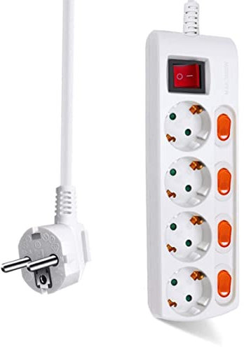 EXTRASTAR Regleta con 4 Enchufes + 4 Interruptor Individuales, 1 Interruptor Principal, 3680W, 250V, 1.5M, Blanco, 1pcs