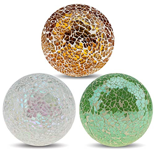 Yatinkim Decorative Orbs Glass Balls Set of 3 Mosaic Sphere Globe for Whole Housewares Bowls Vases Dining Table Centerpieces White Green Gold