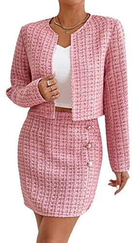 Floerns Ensemble 2 pièces veste et jupe en tweed à carreaux pour femme, rose clair, Taille L