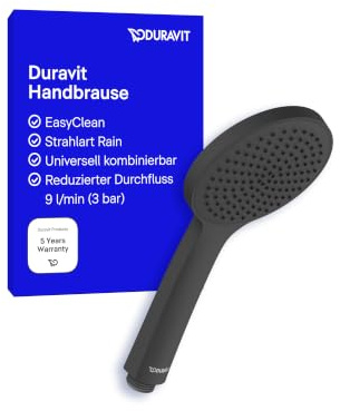 Duravit Universal Handbrause, Duschbrause Strahlart Rain, Schwarz Matt | Duschkopf rund (Ø 110 mm), Reduzierter Durchfluss 9 l/min (3 bar), einfache Reinigung