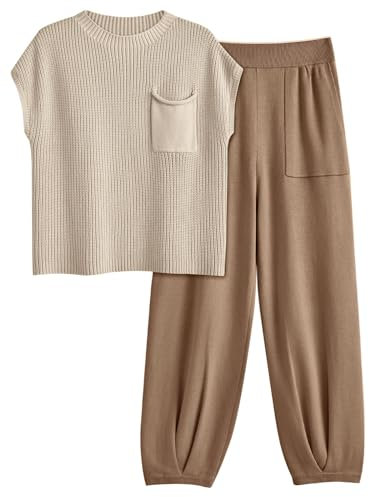LILLUSORY 2-teiliges Strickset für Damen, trendiges Sweatsuit-Set, Hellkhaki, S