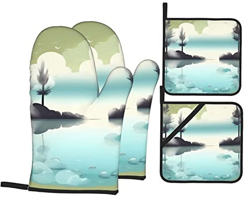 Tranquil Lakes - Set di guanti da forno e presine, alta resistenza al calore, anti-bruciatura, set da cucina in quattro pezzi per cucina scoprendo la piastra terminale del forno a microonde all'aperto