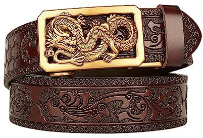 xichuangyuXCY Men's Leather Ratchet Belt Retro Dragon Pattern Eagle Tiger Buckle Carved Casual Business Belt 49 (Brown Flower Pattern Dragon 3)