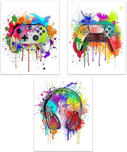 HerZii Prints Aquarell-Gaming-Poster, 3er-Set, 20,3 x 25,4 cm, Jungenzimmer-Wanddekorationen für Schlafzimmer, Spielzimmer-Zubehör, Gamer, Junge, Teenagerzimmer, Wandkunst, Dekoration,