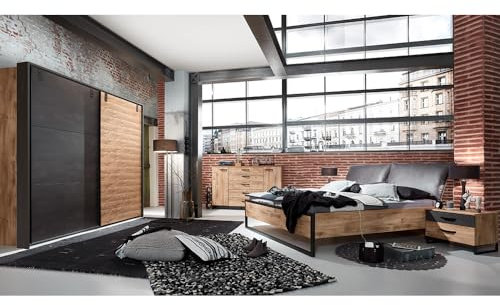 Lomadox Schlafzimmer Set 5-TLG. mit Bett 180x200, Schwebetürenschrank 250cm, Kommode, 2 Nachttische in Eiche mit Stahl Nb., Industrial Design
