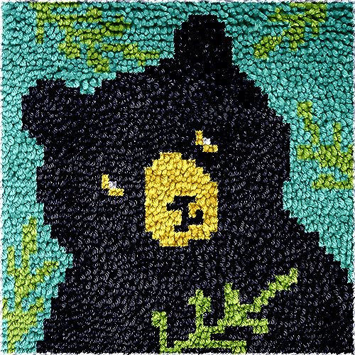 Numptain Latch Hook Kits for Kids,DIY Rug Crafts Black Bear Pattern Color Printed Canvas,Latch Hook Kits for Beginners Handmade Needlework Crafts Home Decoration,12x12
